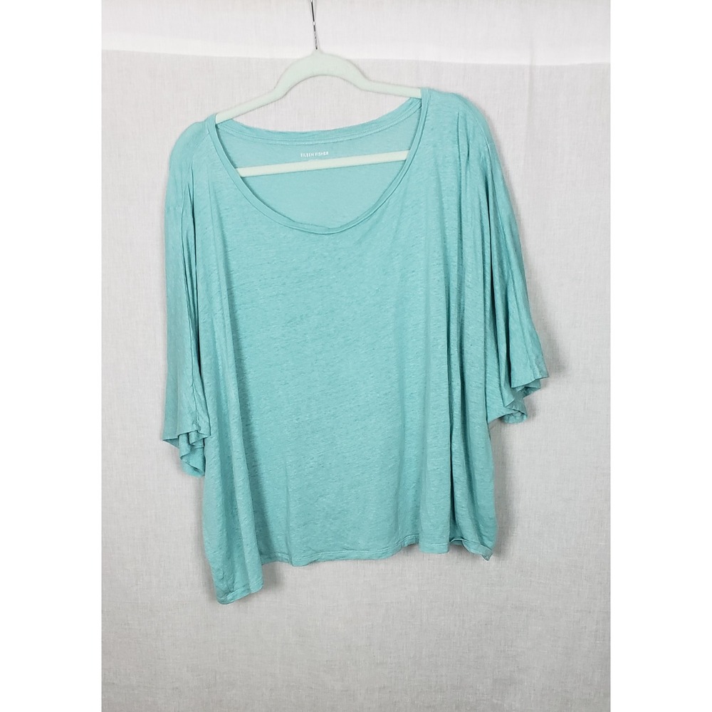 Eileen Fisher Tee Shirt 3X Aqua Blue 100% Organic Linen Boxy Slub Summer Coastal